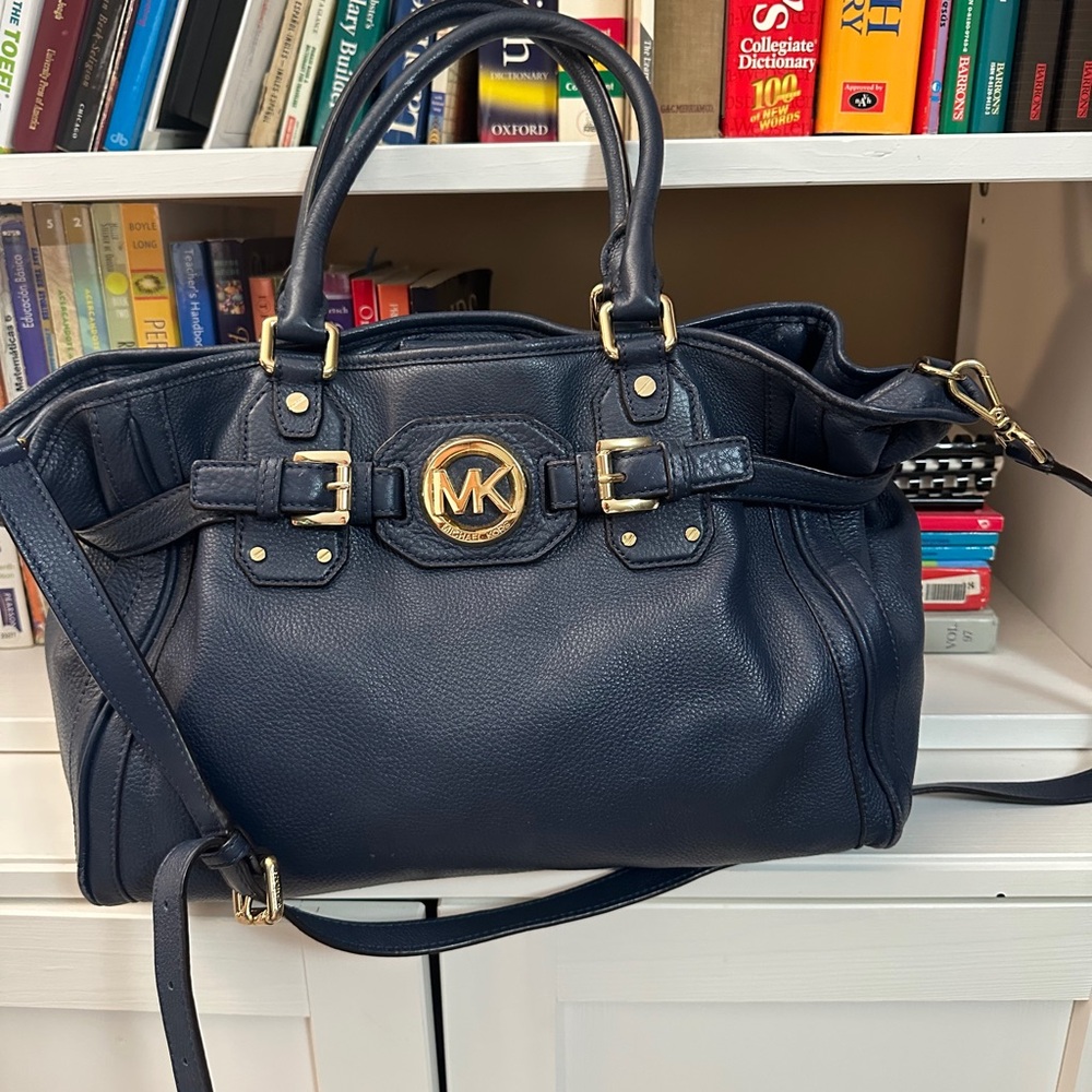 Michael Kors Navy Leather Satchel with Gold-Tone MK Emblem